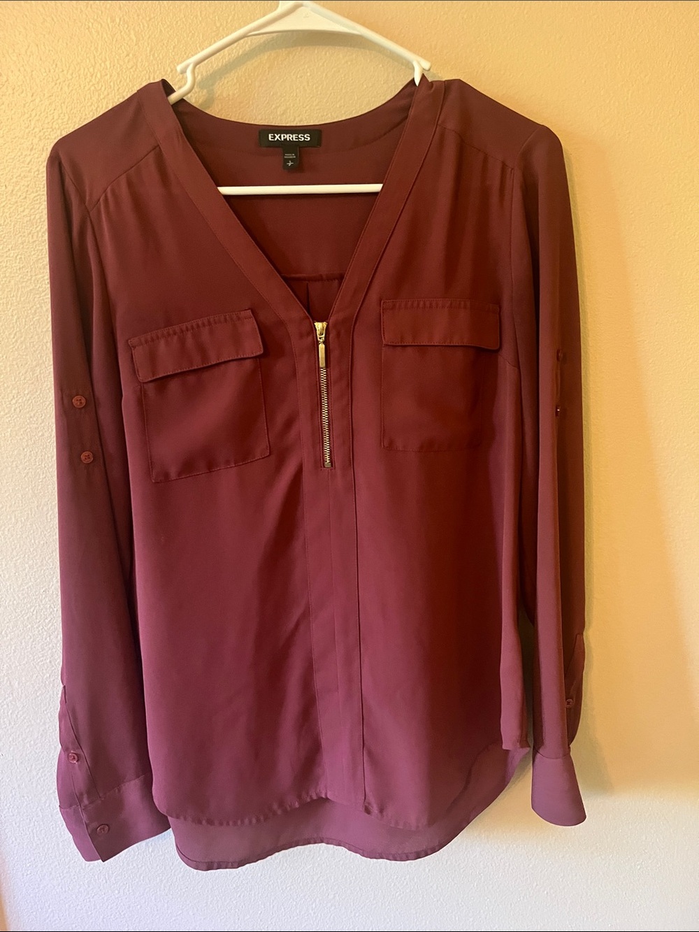 Express Women's Burgundy Half-Zip V-Neck Blouse